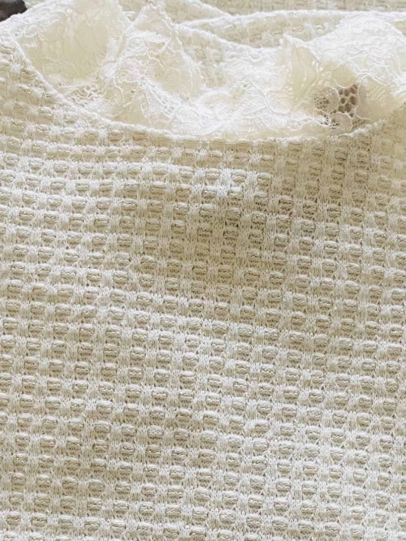 Logo White Metallic Mock Waffle Knit Lace Long Sleeve Top